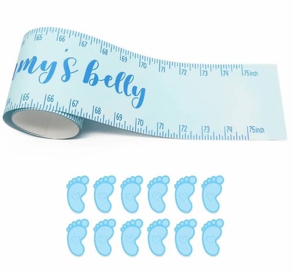 Hoe Groot is Mama's Buik meetlint/spel blauwe babyvoetjes