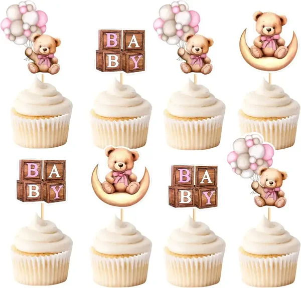 12 Cupcake prikkers Sweet Bears roze