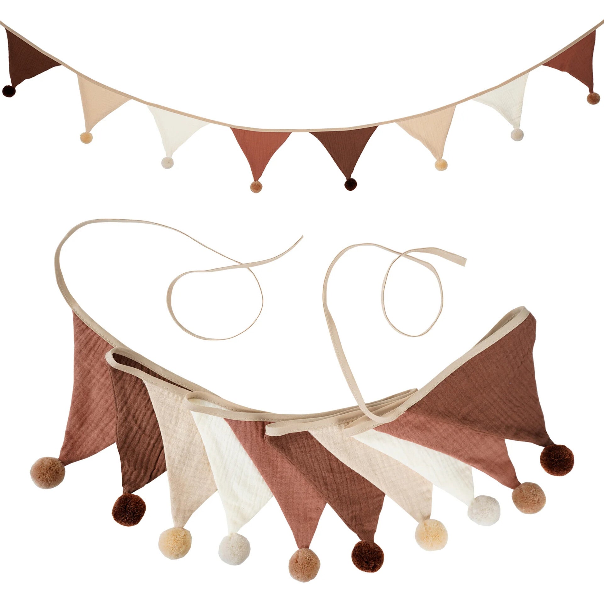 Vlaggenlijn van stof met 10 driehoekjes met kwastjes beige bruin