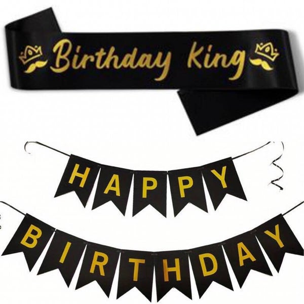 Sjerp en slinger set Happy Birthday King zwart met goud
