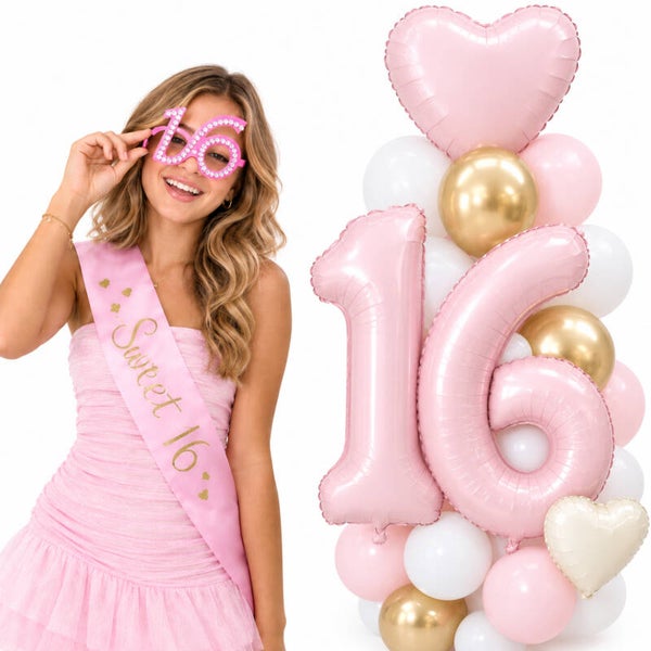 Sweet Sixteen set met sjerp, bril en ballon decoratie set