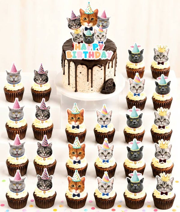 25-delige set Happy Birthday Cats met 1 taart topper en 24 cupcake toppers