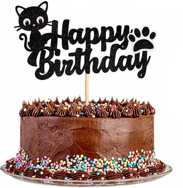 Taart topper Happy Birthday Cat zwart