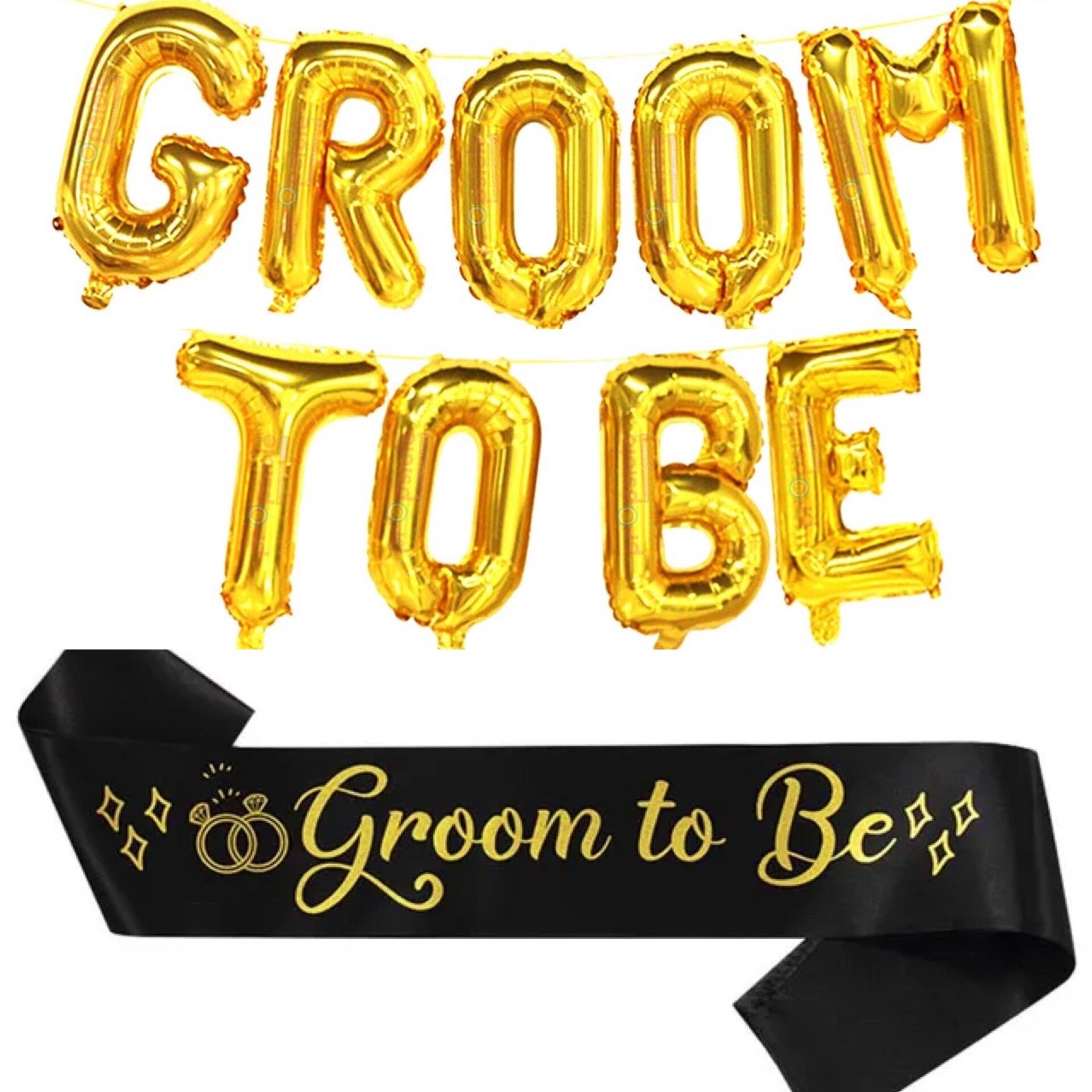 Folie ballonnen set Groom to Be goud met zwarte sjerp
