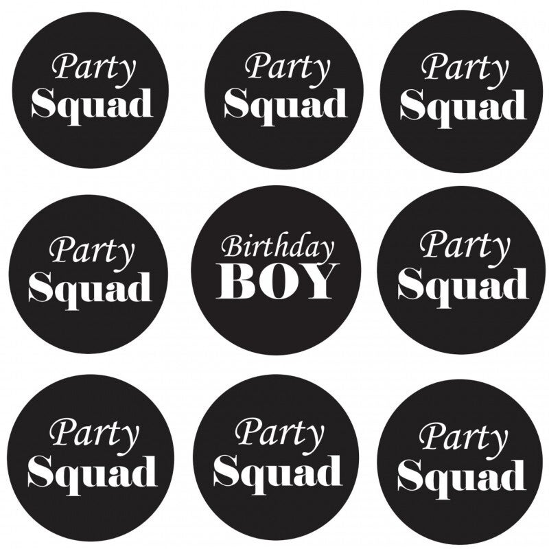9 Buttons Birthday Boy en Party Squad zwart, waarvan 1 Birthday Boy en 8 Party Squad