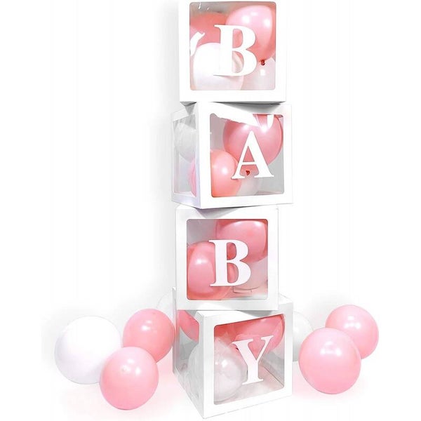 Vier doorzichtig letter ballon blokken Baby wit met 24 roze en witte ballonnen