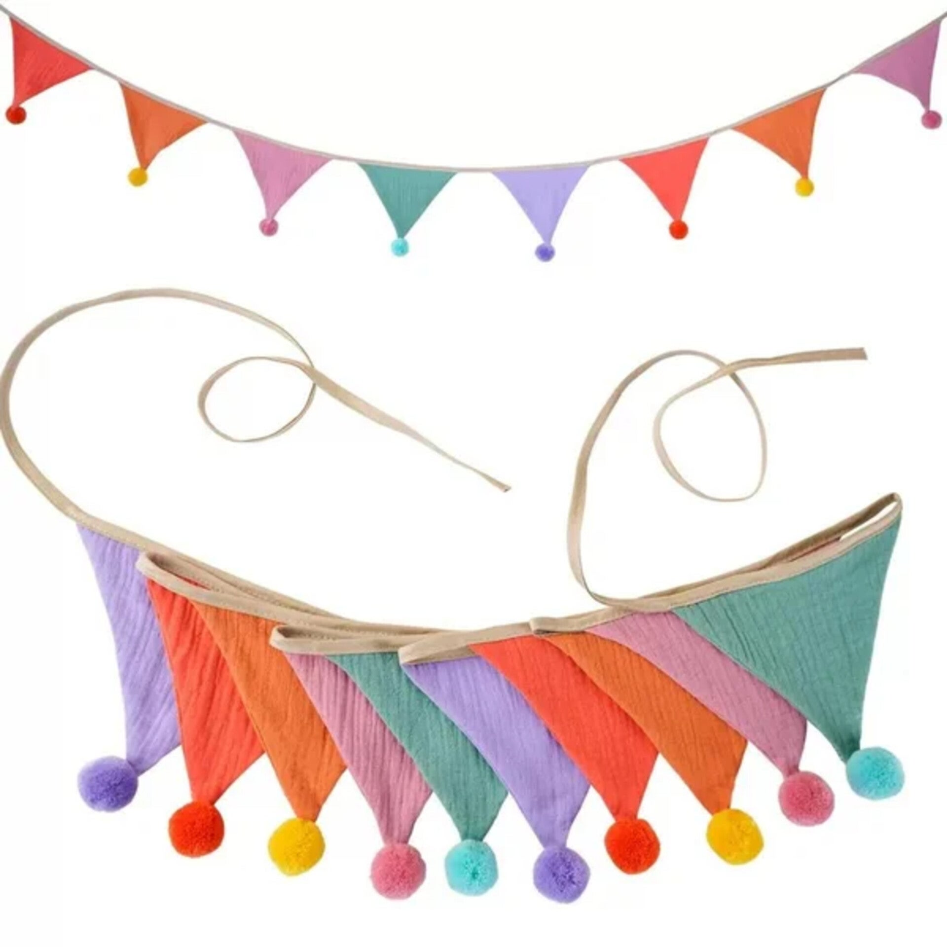 Vlaggenlijn van stof met 10 driehoekjes met kwastjes multi coloured