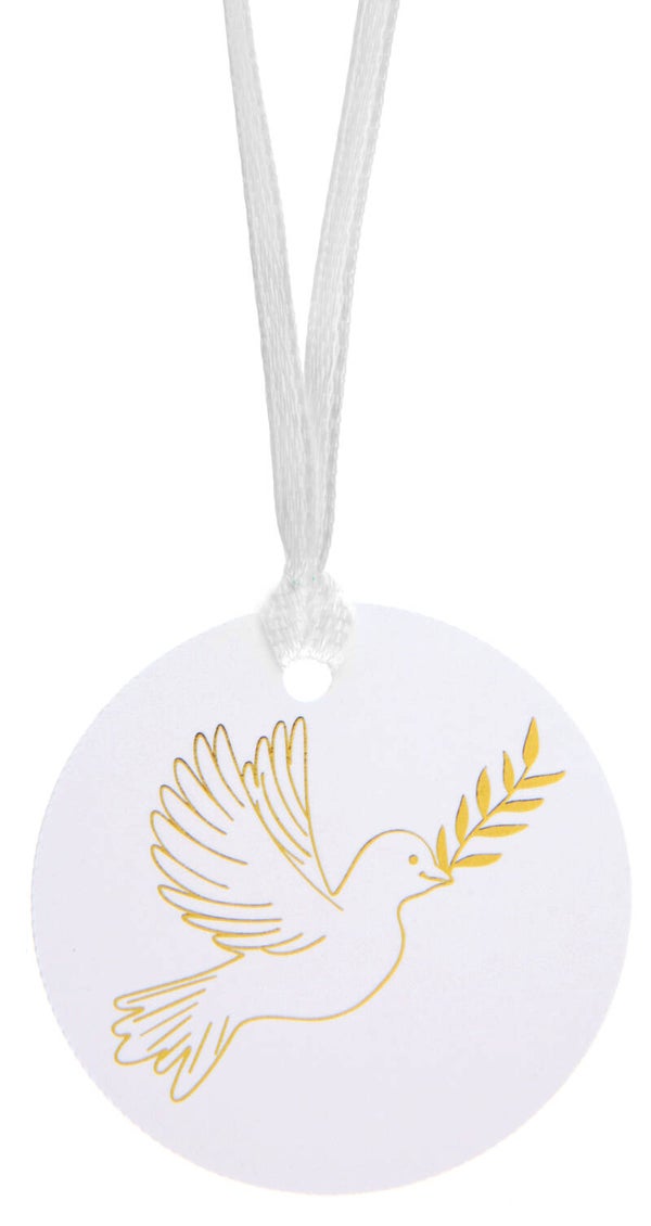 Kaartje Vredesduif aan satijn lint