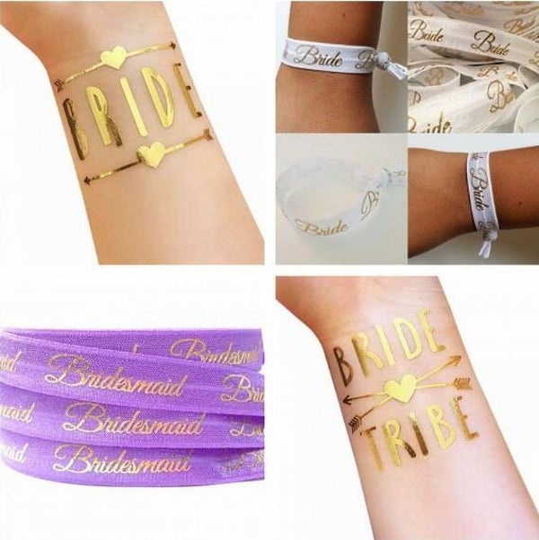 Vrijgezellenfeest set Bride en Bridesmaid lila wit en goud met tatoeages en armbanden