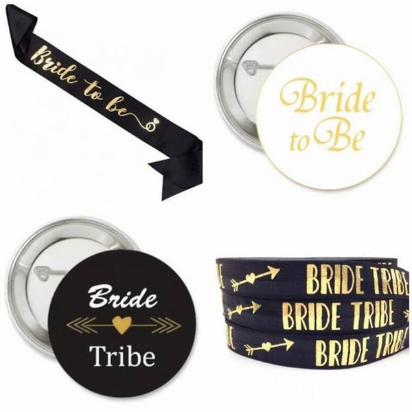 Vrijgezellenfeest set Bride to Be 18-delig zwart met goud met sjerp, armbanden en buttons