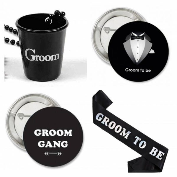 Vrijgezellenfeest set Groom to Be 12-delig met shotglas, buttons en sjerp