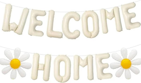 Welcome Home ballonnen slinger met 2 bloemen