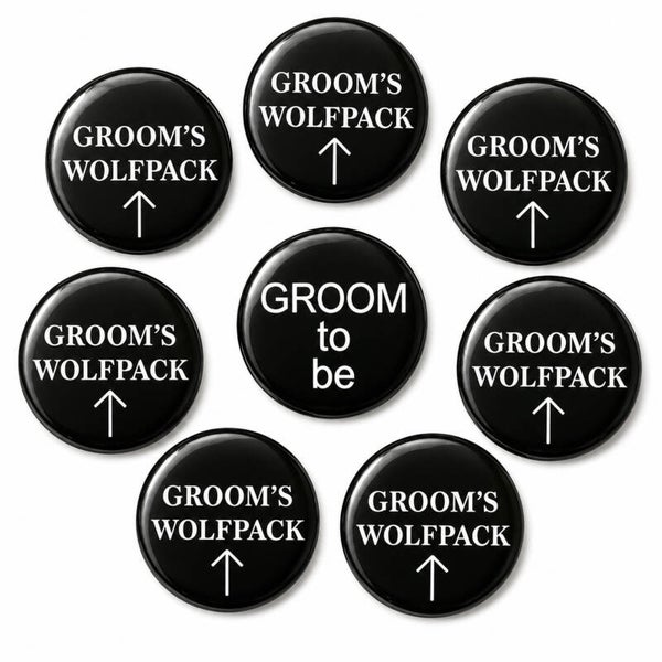 Set met 7 Buttons Groom's Wolfpack en 1x Groom to Be zwart