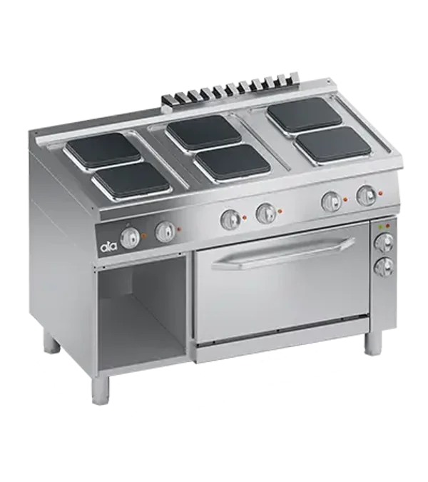 FOURNEAU ELECTRIQUE 6 PLAQUES CARRÉES + FOUR ELECTRIQUE VENTILE 1/1 GN + BAIE OUVERTE