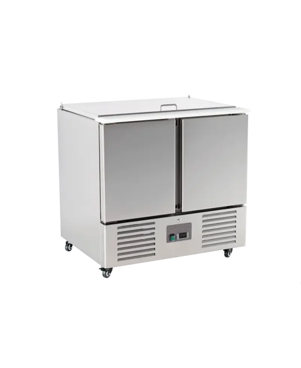 Saladette réfrigérée 2 portes avec Plan de travail en polyéthylène et compartiments GN