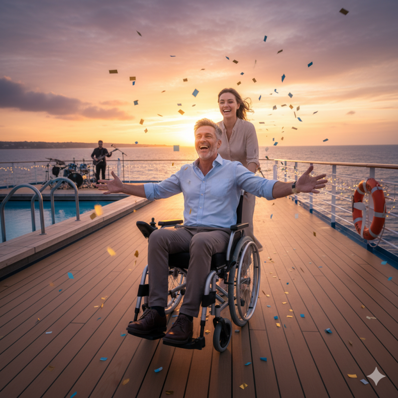 A couple enjoying the revelations in cruise line improvements to accomadate everyone for a fun adventure.