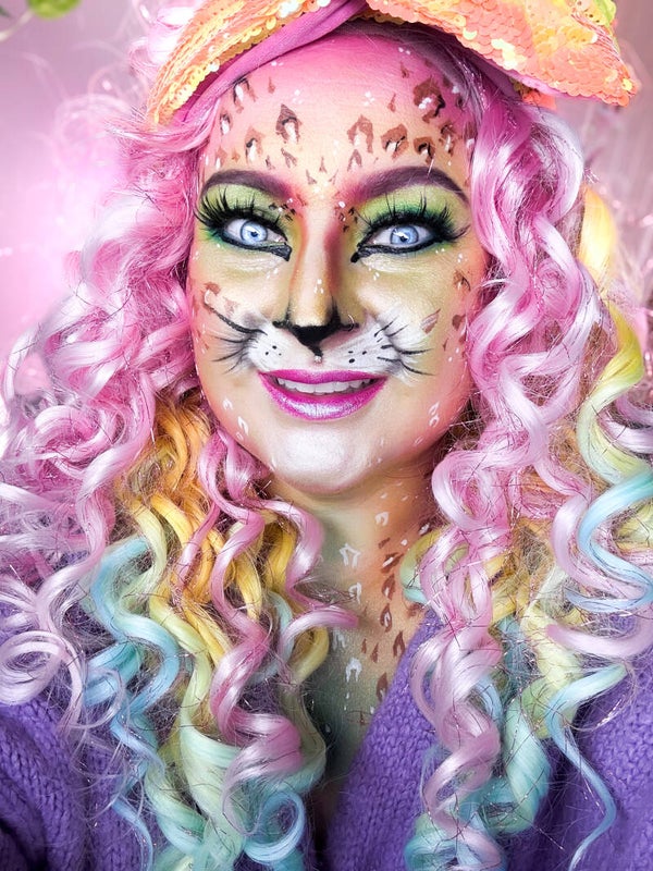 Pruik 3 curly rainbow met glitters