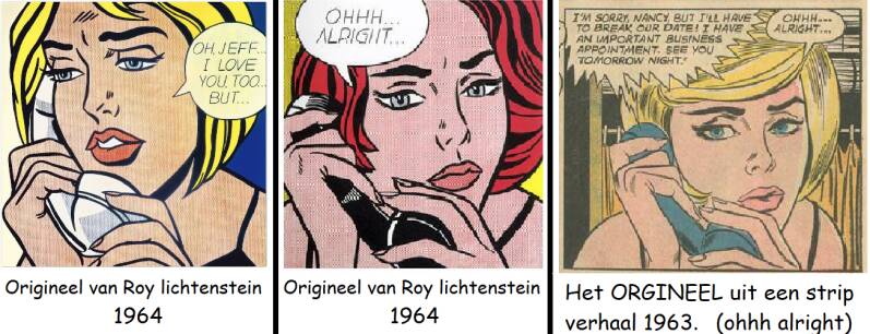 Het origineel zoals Lichtenstein het heeft geschilderd en helemaal rechts  zijn inspiratie.