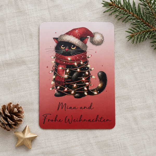 Postkarte Miau und Frohe Weihnachten – lustige Weihnachtskarte mit Katze