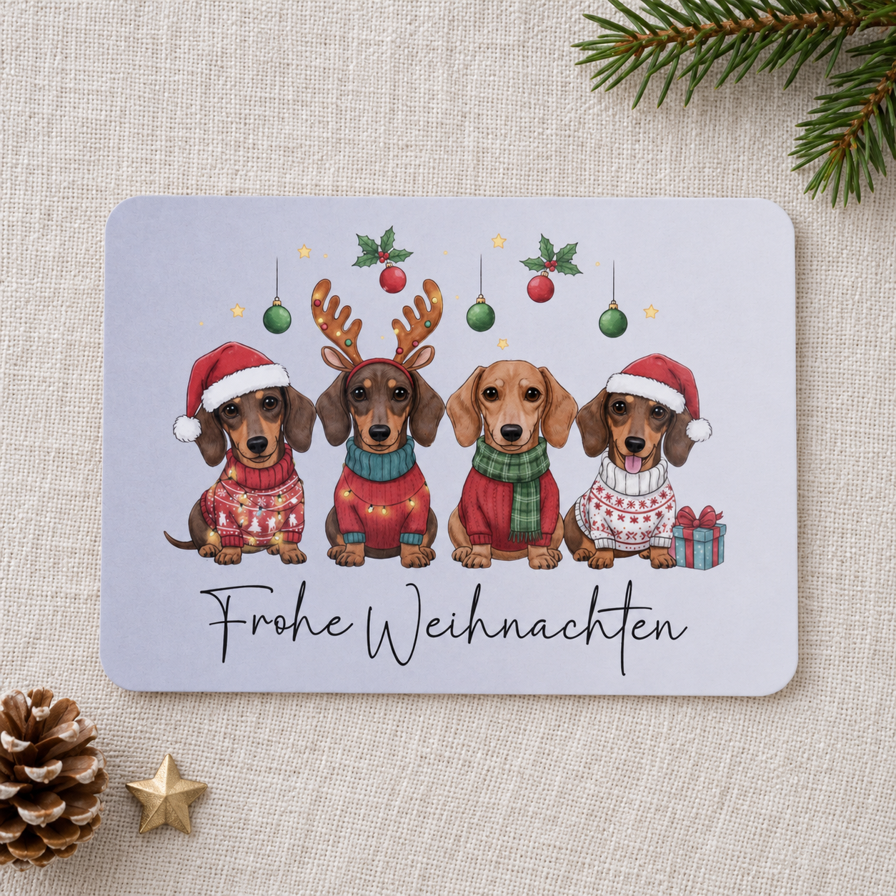 Postkarte Frohe Weihnachten – lustige Weihnachtskarte mit vier Dackeln