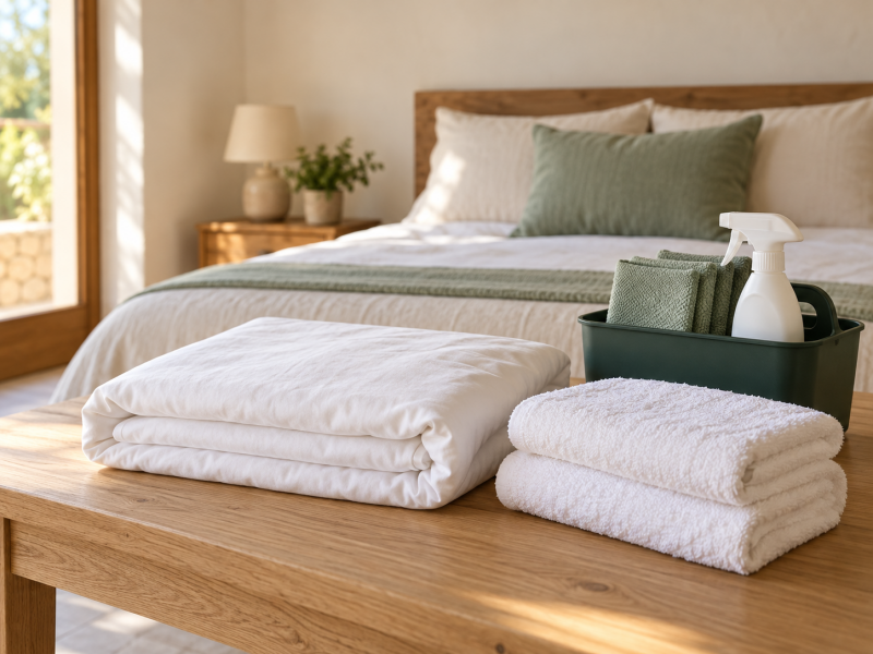 Cama preparada con ropa blanca, toallas dobladas y una cesta con útiles de limpieza