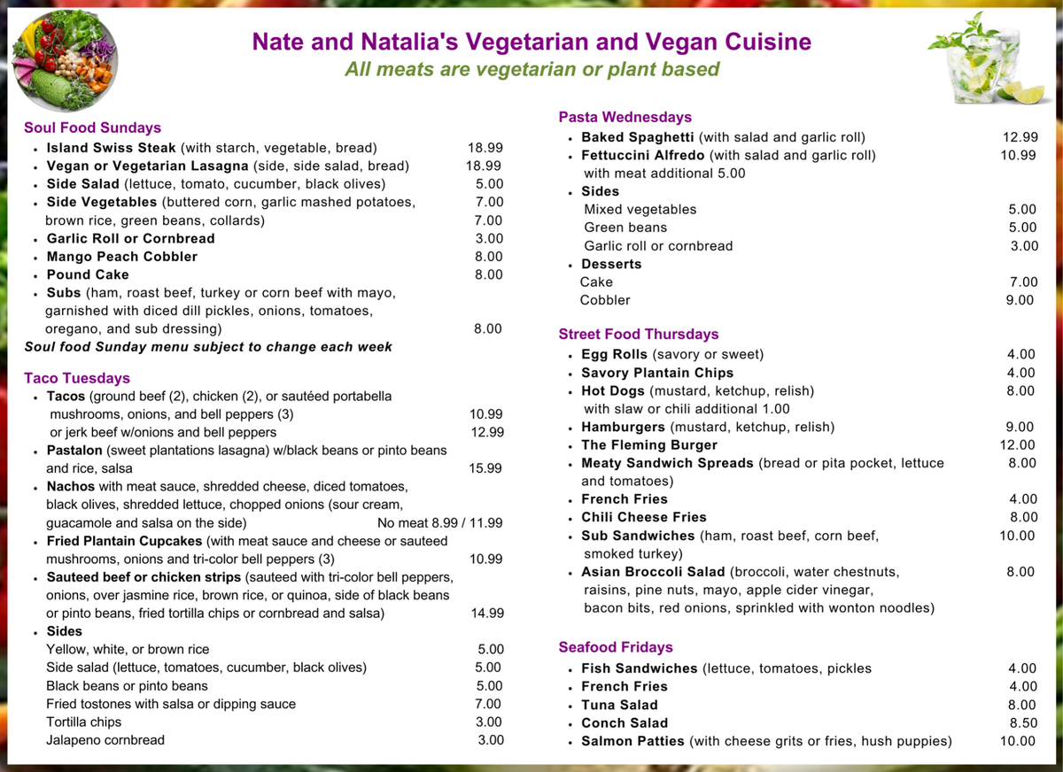 Menu | Nate &amp; Natalia's Vegetarian and Vegan Cuisine