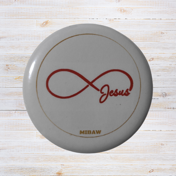 Badge Chrétien - Motif de l'Infini avec Jésus rouge et blanc