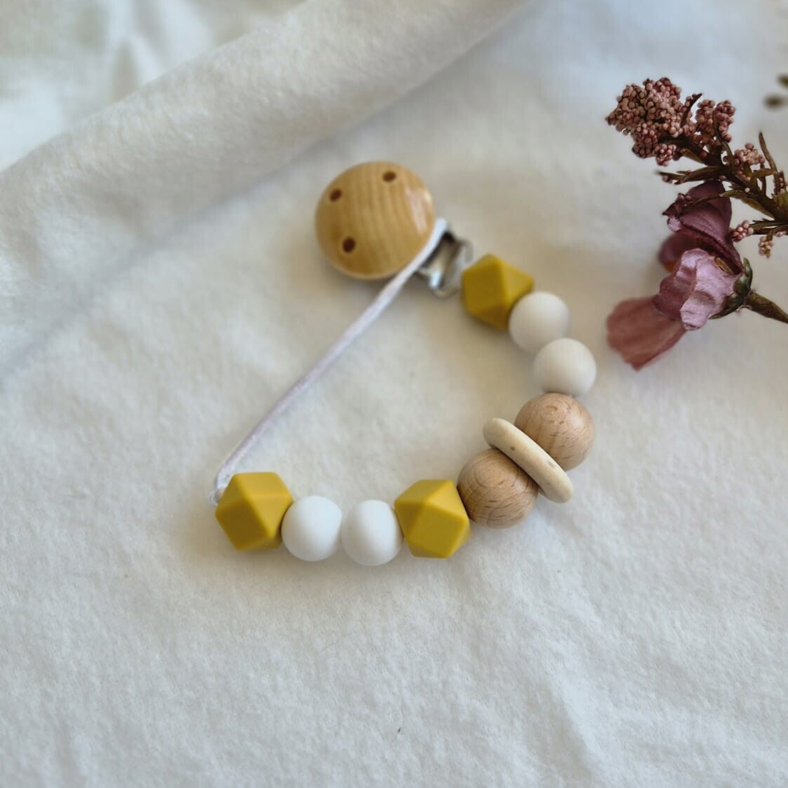 Speenkoord hout geel-wit