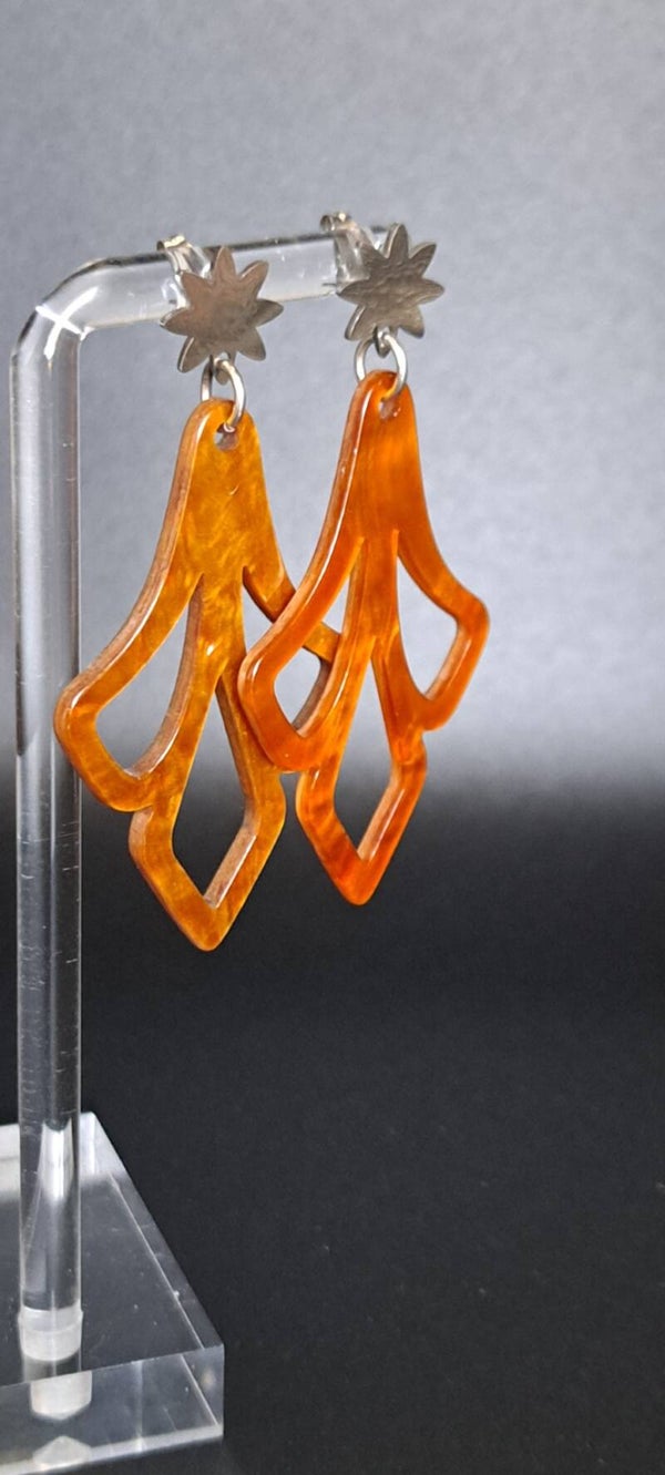 Boucle d'oreille argentée baroque résine marron topaze