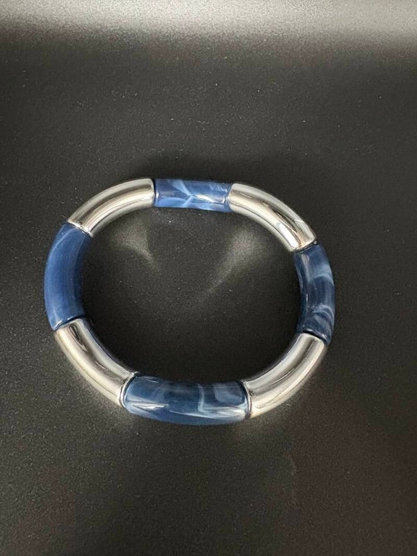 bracelet tube acrylique bleu foncé et argenté