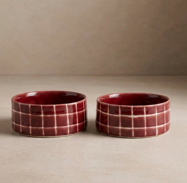 Hondenvoerbak set van 2- Bordeaux ruitjes
