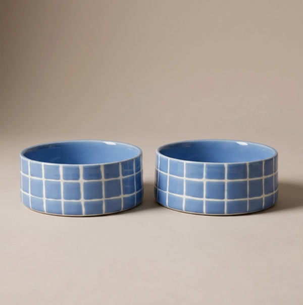 Hondenvoerbak set van 2- Blauw ruitjes