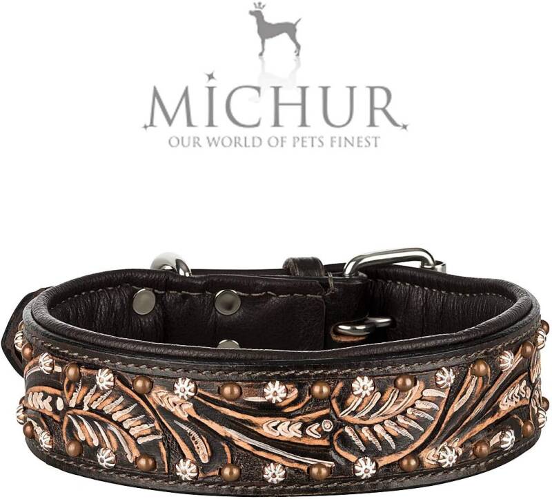 MICHUR Joris Leren Hondenhalsband Zwart Bruin met ronde klinknagels en kiezelstenen 24 -29 cm
