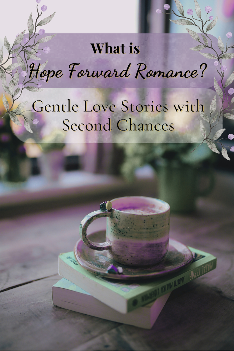 Coffee cup on stacked books with lavender hues and floral accents—capturing the warmth, hope, and second-chance love at the heart of Juliet Ellison’s Hope-Forward Romance stories.