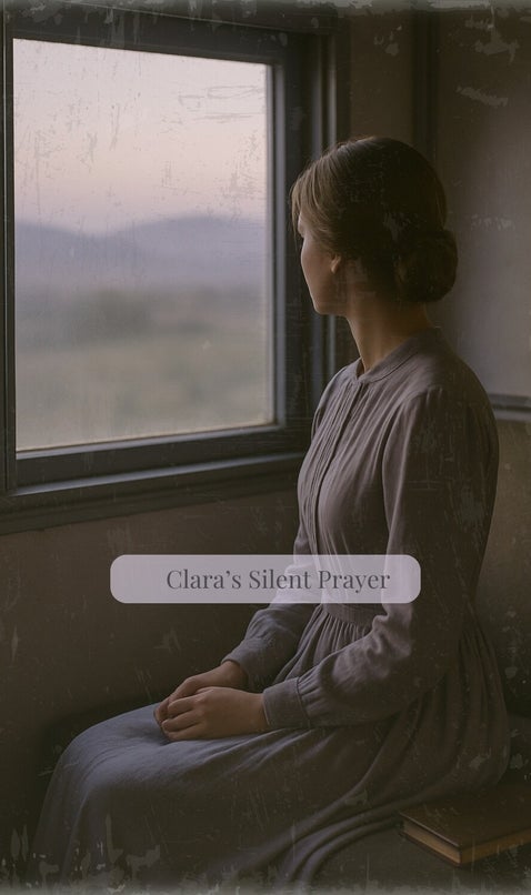 Clara sits quietly on a train at dawn, hands folded as she looks toward the Wyoming hills — a moment from Lost Letters by Juliet Ellison.