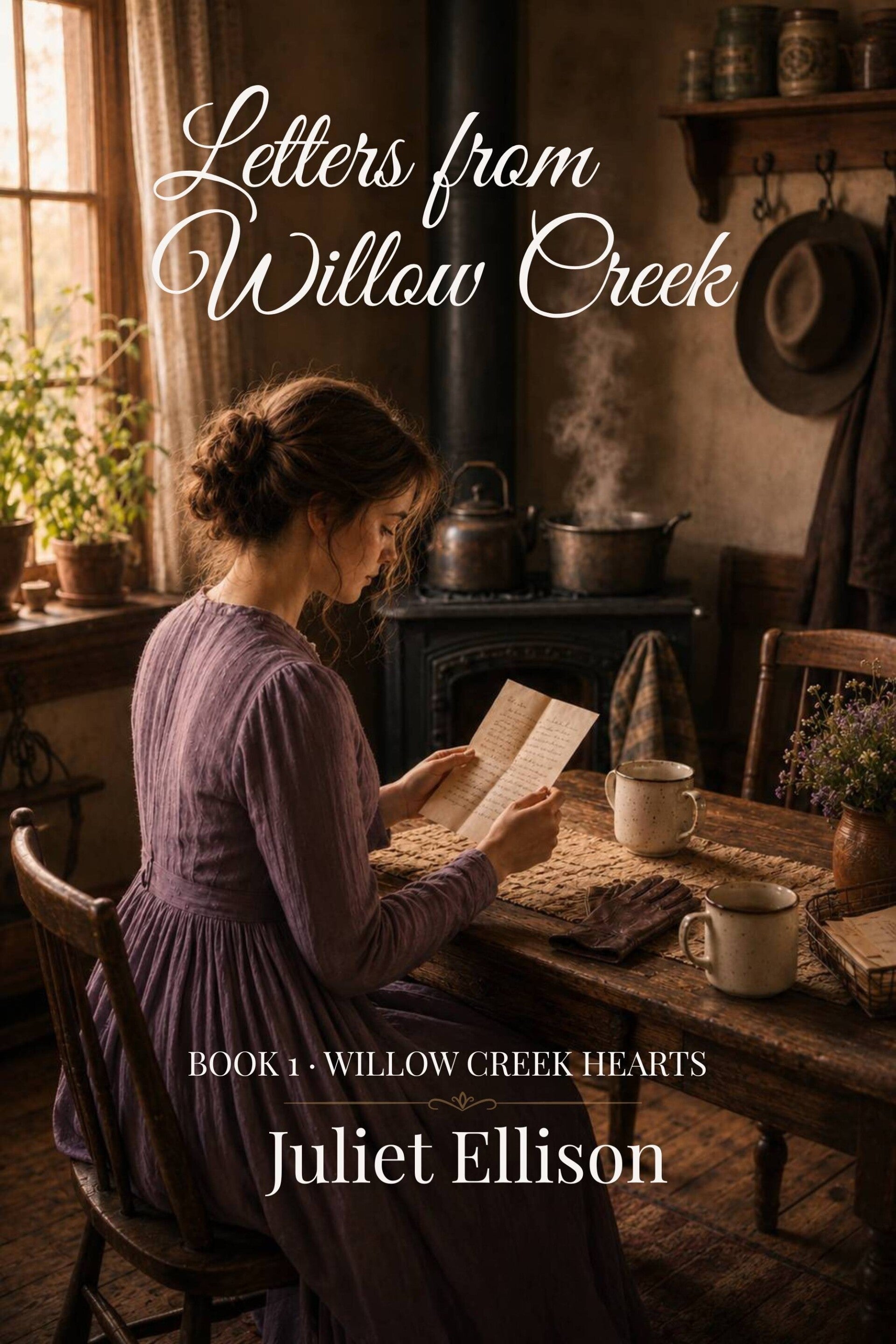A woman reads a letter in a golden autumn field — cover art for Whispers on the Wind by Juliet Ellison, Book 2 of the Willow Creek Hearts series.