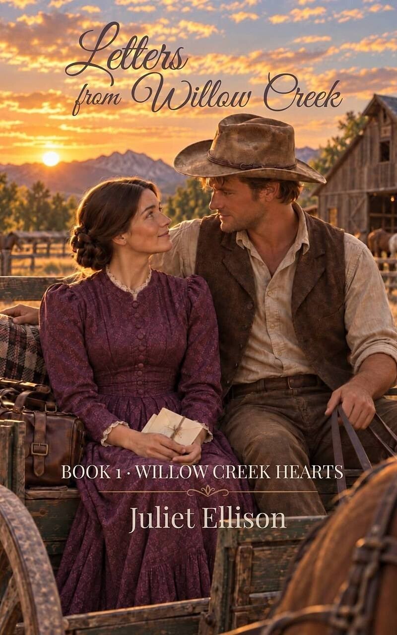 A woman reads a letter in a golden autumn field — cover art for Whispers on the Wind by Juliet Ellison, Book 2 of the Willow Creek Hearts series.