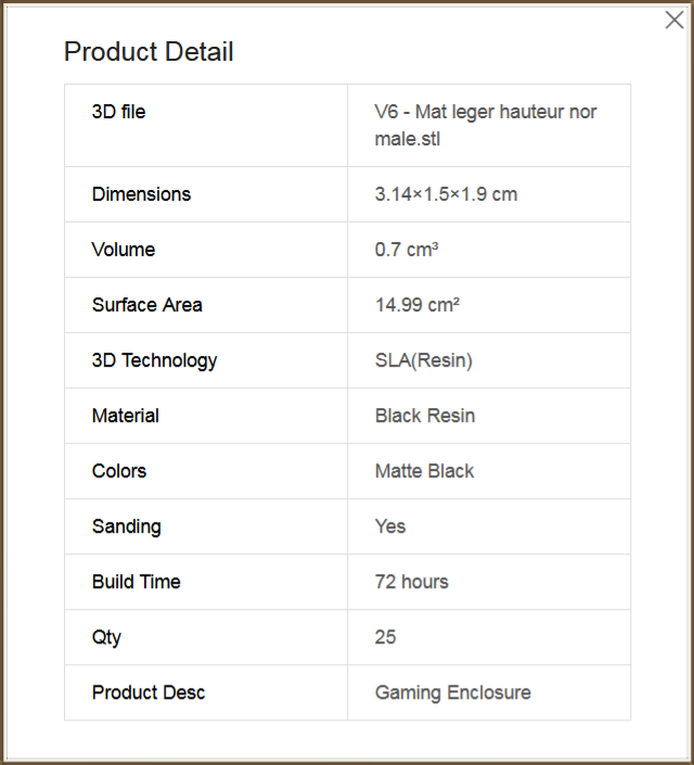 Caractéristiques d'impression détaillées pour chaque objet en production