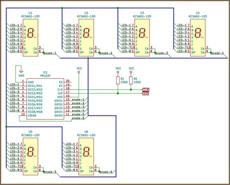 Schéma de câblage complet du TM1637 pour le pilotage de 6 afficheurs 7 segments