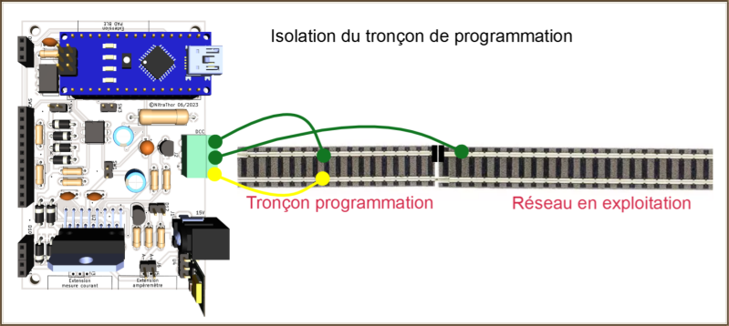Branchement de l'interrupteur d'isolation du tronçon de programmation (voie de garage)