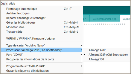 Choix du processeur avant téléversement du programme dans le microcontrôleur
