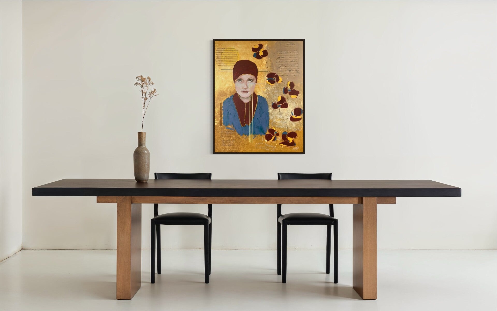 A Portrait on linen hanging above a beautiful table. 
