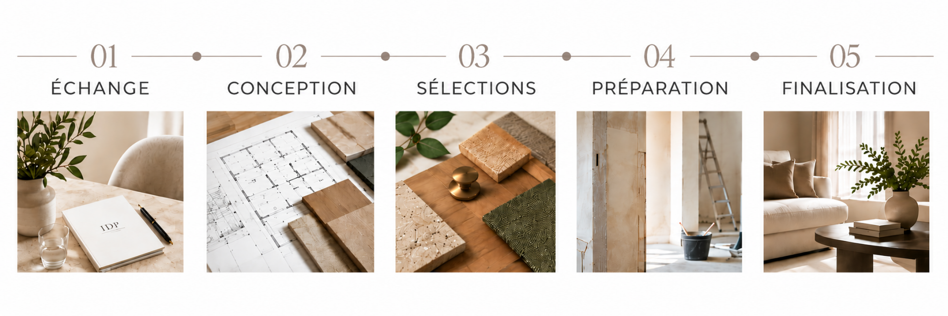 Frise des étapes d’un projet de décoration et rénovation intérieure à Tours