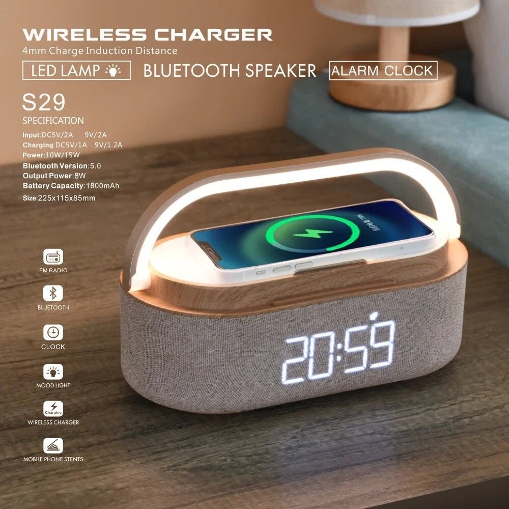 Blutooth speaker with wireless charging and alarm clock