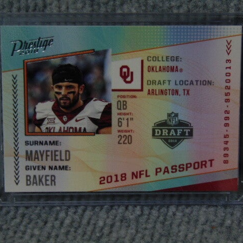 2018 Panini Prestige Baker Mayfield Rookie Card. Card #PP-BM