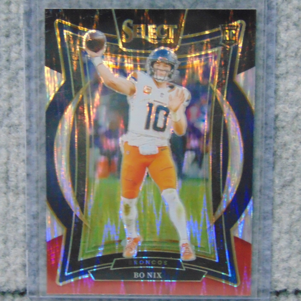 Bo Nix Panini Select rookie card Red and Blue Shock Refractor.