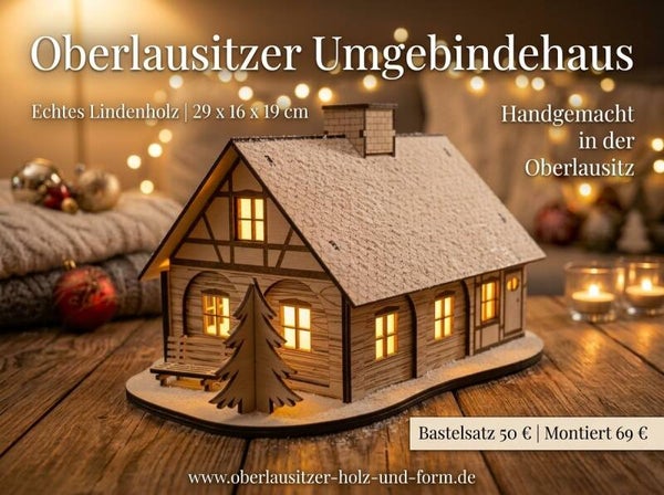 Traditionelles Oberlausitzer Umgebindehaus aus Lindenholz – Bausatz oder fertig montiert | 29x16x19 cm | Windlicht & Dekoration | Handgemacht in der Oberlausitz