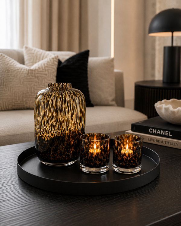 Complete stylingset met panterprint vaas en windlichten