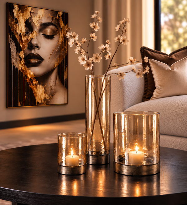 Keylan Brown Luster Set – Vaas met 2 Windlichten