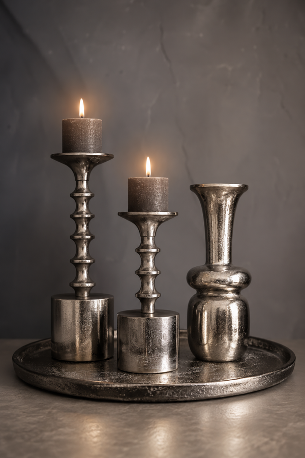 Complete Decoratieset Zilver | Dienblad, Kandelaars & Vaas